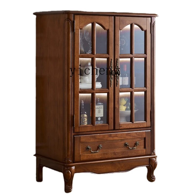 Tqh Wine Cabinet European Style Living Room Double Door TV Side Cabinet Display Cabinet Made of Glass Retro Restaurant