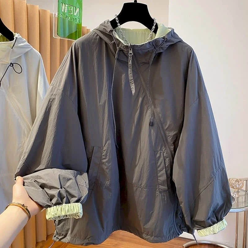 Parachute Jackets Korean Style Casual Sunscreen Outerwears 2026 Autumn Loose Hooded Cardigan Long Sleeve Sporty Coats Women Tops