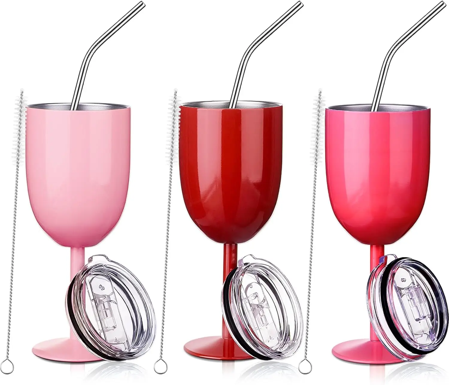 

3 Pcs Stemmed Stainless Steel Wine Glasses with Lid Double Wall Insulated Wine Tumbler with Drinking Straw and Straw Bru