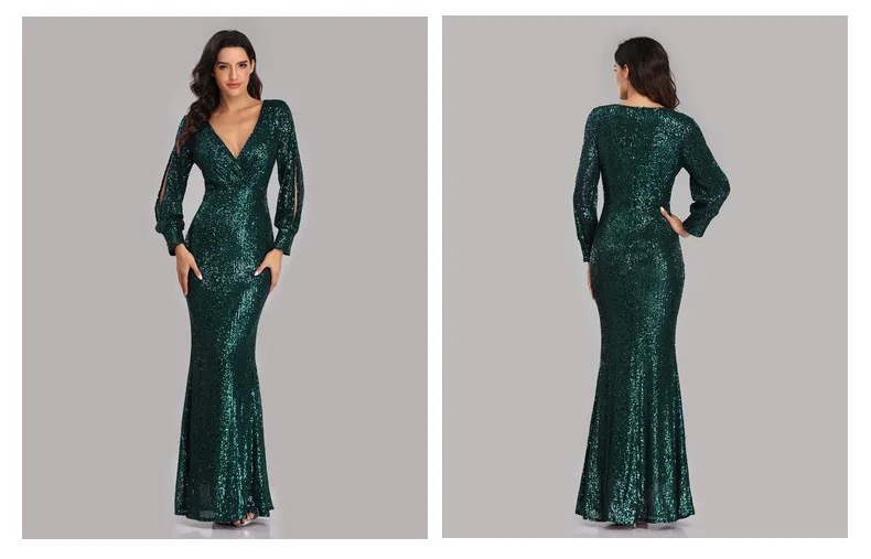 Plus Size Long-sleeved V-neck Sequined Fishtail Evening Dress for Women Prom Formal Dress Women Elegant Green Long Dress Gown