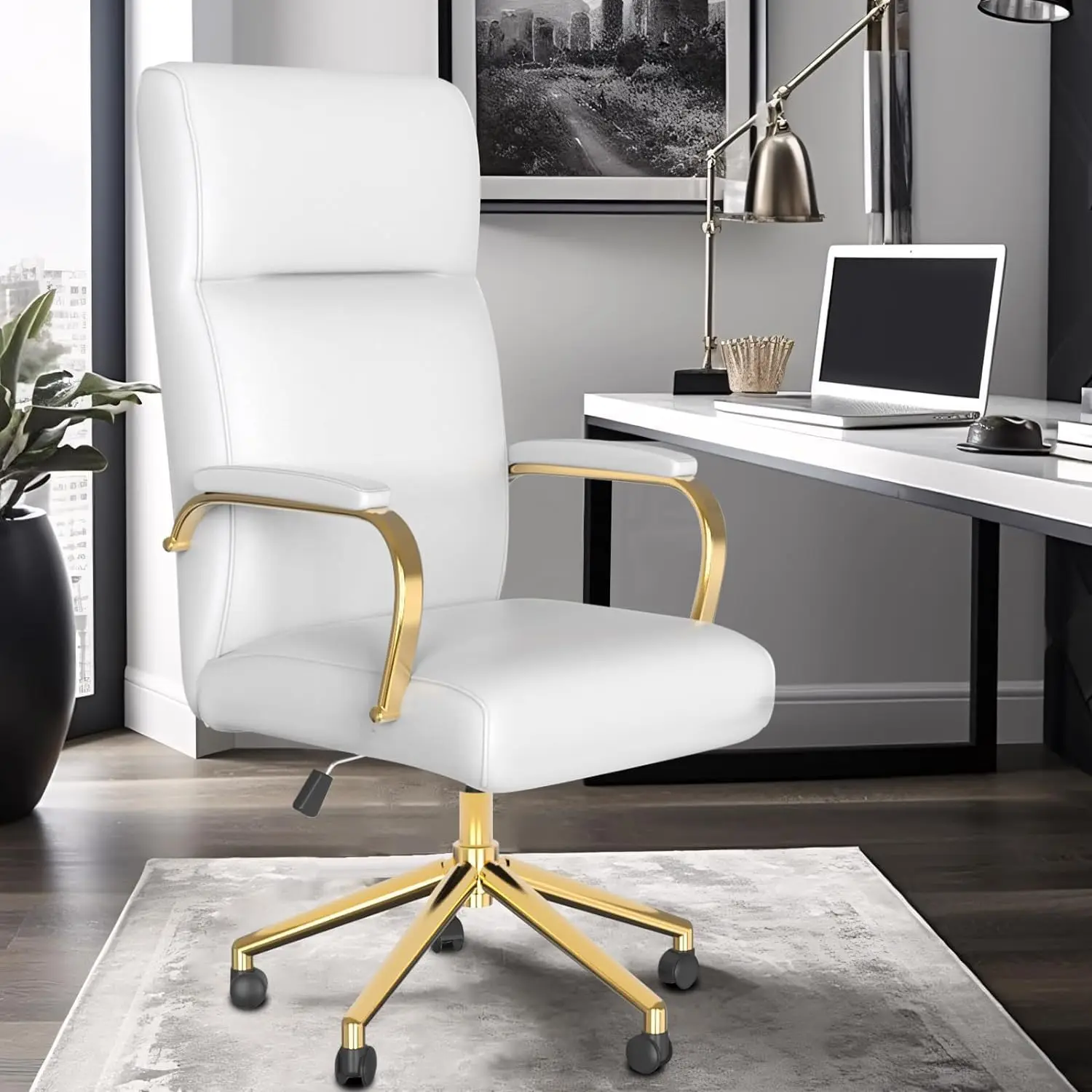 

Executive Office Chair, White Leather Office Chair with Arms and Wheels, High Back Gold Executive Office Chair with Back Support