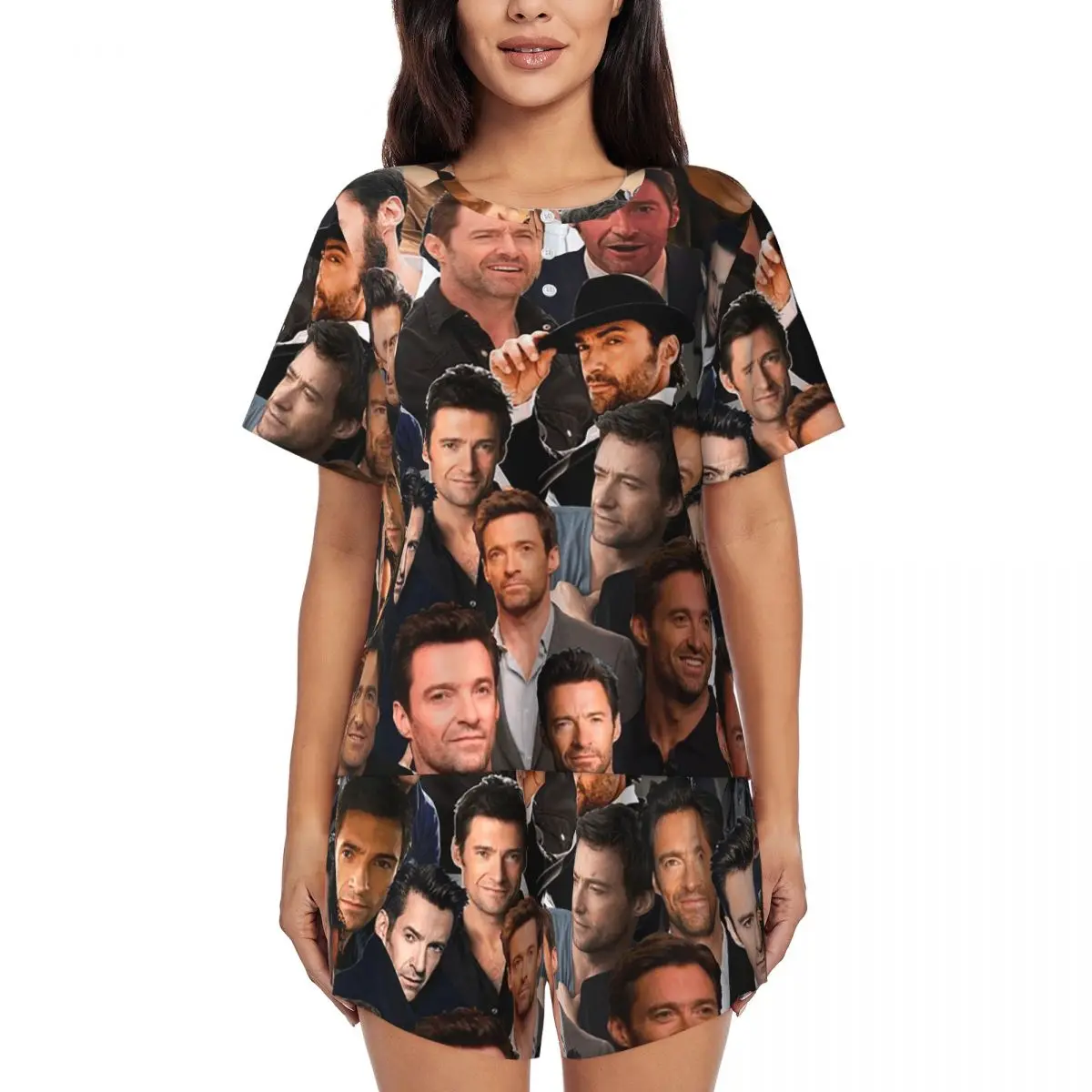 

Ночная рубашка с круглым вырезом и короткими рукавами с фотоколлажем Хью Джекмана, женская мягкая пижама с короткими штанами