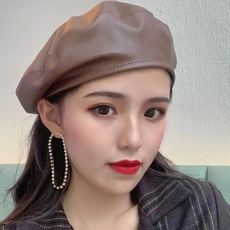 652f-フレンチスタイルビーニー帽子女性-pu-レザーベレー帽ヴィンテージ画家帽子冬暖かいキャップ女の子のための素晴らしいギフトブラック-ブラウン