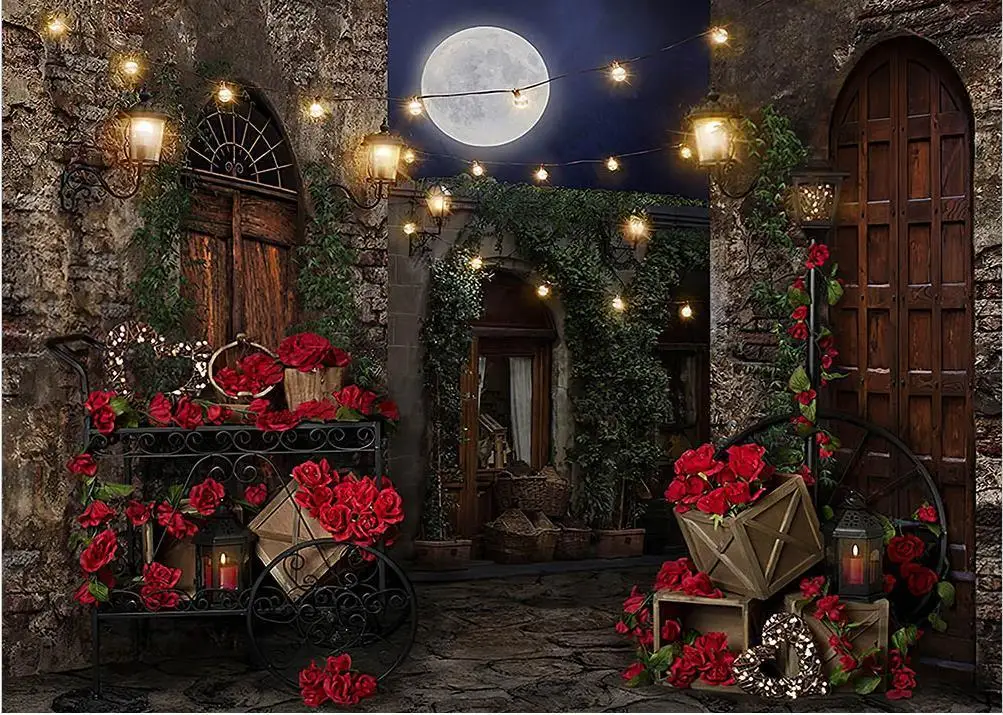 February 14 Valentine's Day Background Flower Shop Photography Background  Red Rose Under Moon Night Background Photo Studio