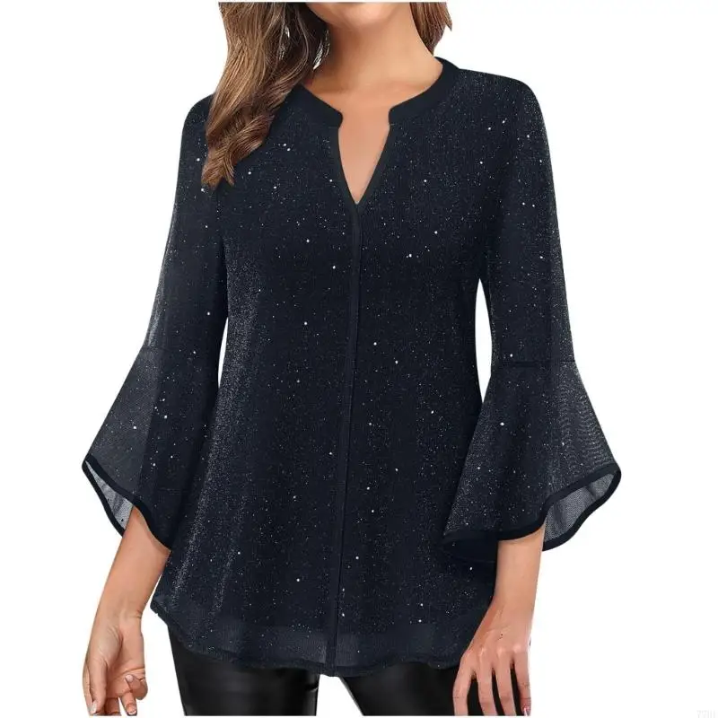 77HE Women's 3/4 Sleeve Blouses Shirts Casual Loose Fit Mesh Layered Flowy Tunic Tops