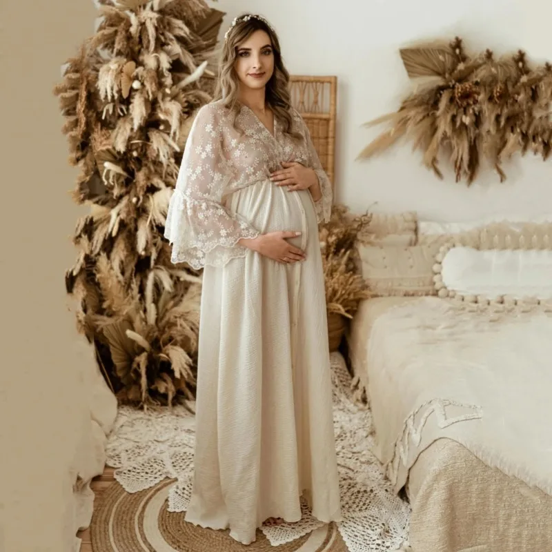 

Cotton Maternity Photo Shoot Dress Beige Bohemian Lace Stiches Cotton Pregnant Woman Photography Long Dresses