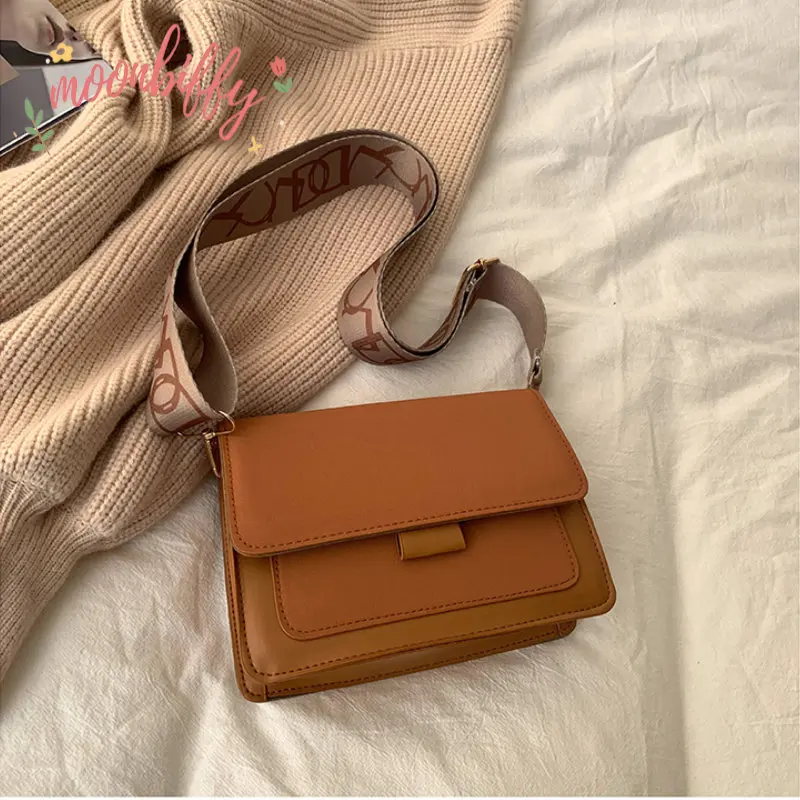 

Fashion Female Contrast color Shoulder Bag Wide Straps Flap Cross Body Bags for Women Trend Simple Handbag Designer Bag