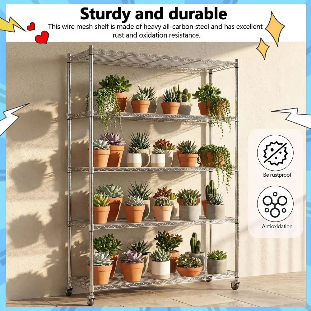 

5-ярусная проволочная полка на колесиках, 60 дюймов (длина) x 24 дюйма (ширина) x 79 дюймов (высота), регулируемая по высоте, нагрузка до 331 фунтов на полку, для кухни, кладовой, гаража