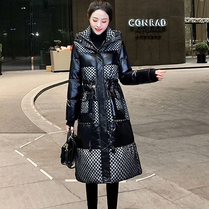 New Womens No-wash Black Plaid Down Jacket Winter Snow Parker Overcoat Long High-end Female Bright Face 90% White Duck Down Coat