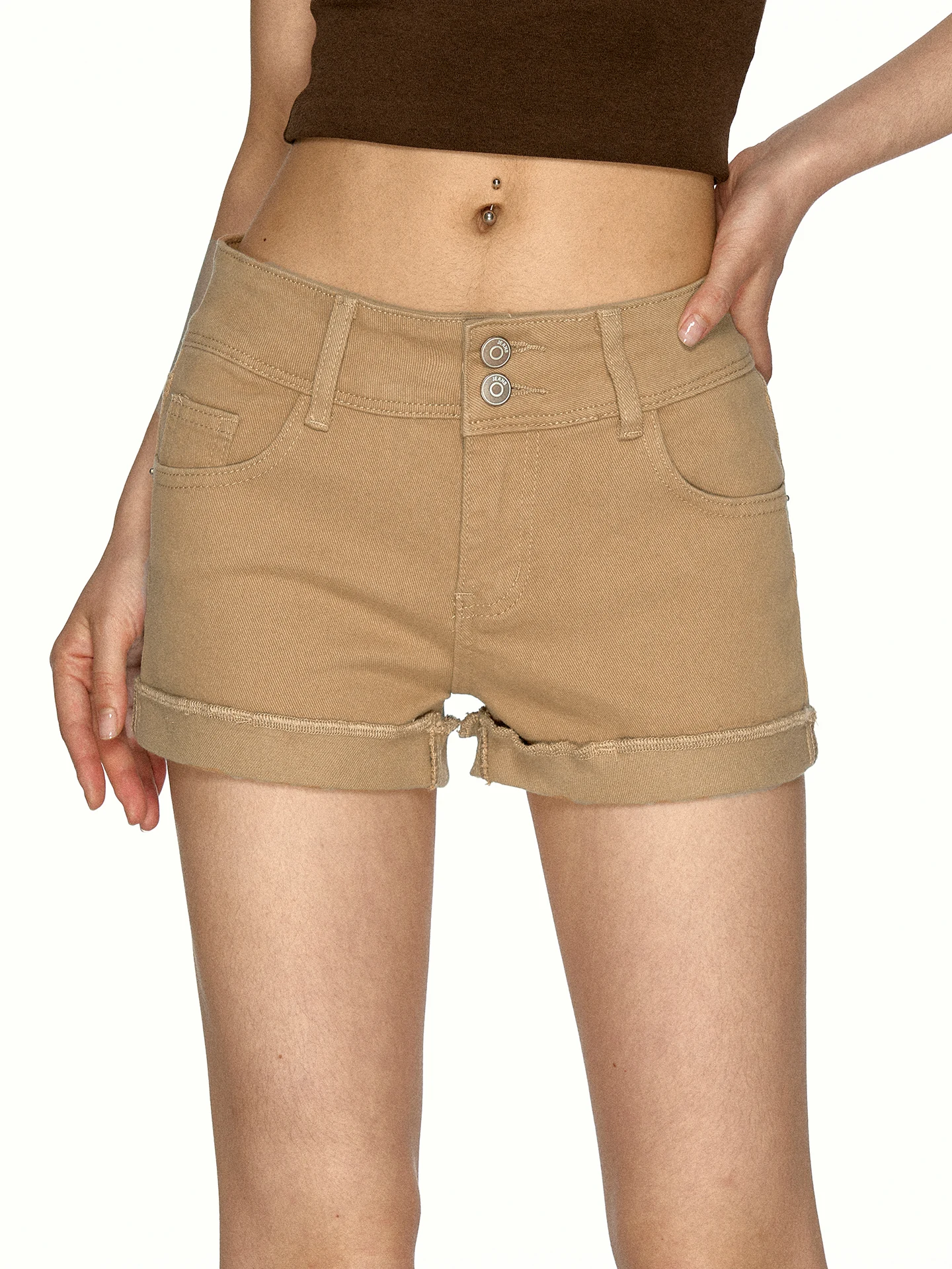 Khaki Retro Low Waist Denim Shorts Women Summer Spicy Double Buckle Slimming Versatile Cuffed Hot Pants Aaisup Natural Waist