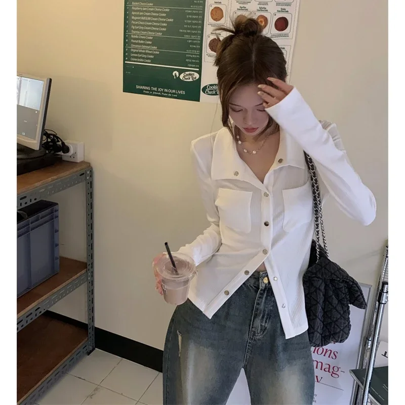 2025 Blusas Mujer De Moda Camicetta casual Donna Couverture Colletto Manica lunga Tunica Camicie Tasca Moda Camicette coreane Y2k Top