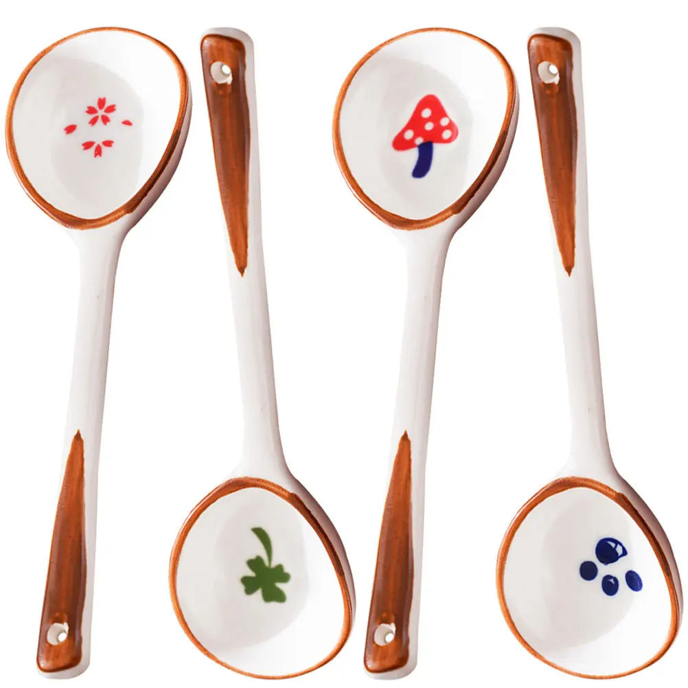 

4Pcs Children's Hand-Painted Soup Spoon Premium Ceramic Long Handle Spoons for Ramen Pho Noodles Stew Porridge Small Lightweight