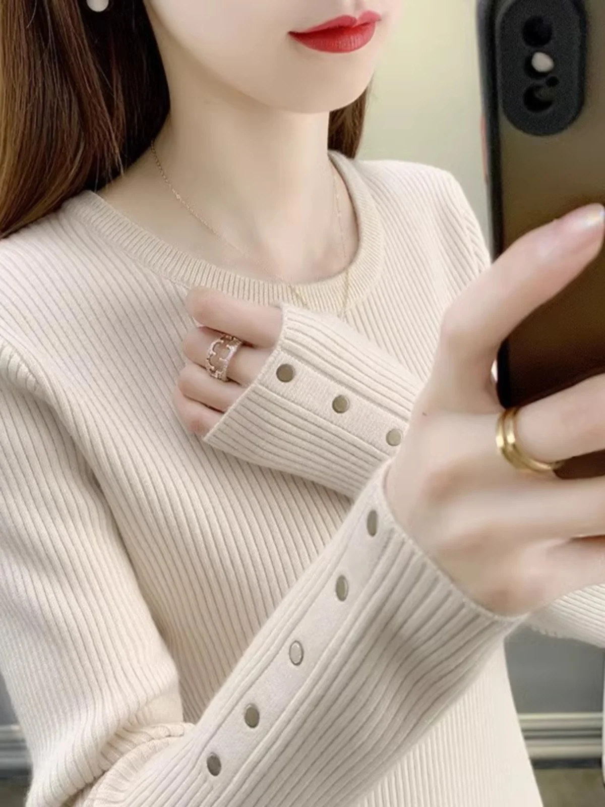 

Slim Fit Knitted Base Shirt Women's Inner Wear round Neck Long Sleeve Korean Style Autumn Winter New Fashion Top Quality Poly...