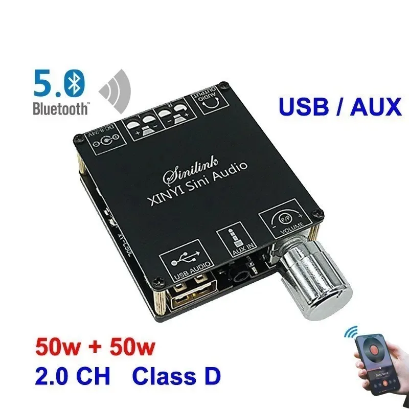 2*50W ForBluetooth5.0 Power Amplifier Class D Audio 10W~100WHiFi Stereo Wireless Music Player MiniUSB Sound Card App Digital AMP