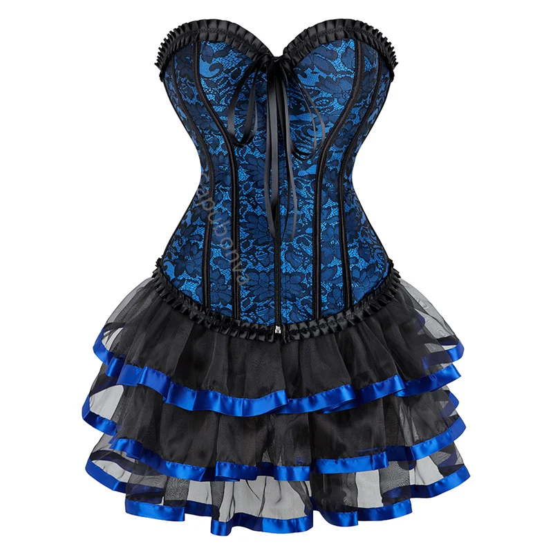 Blue Corset Dress Bustier Skirt Tutu Set  Plus Size Lace Up Gothic Victorian Lolita Vintage Sexy Exotic Burlesque Korsett