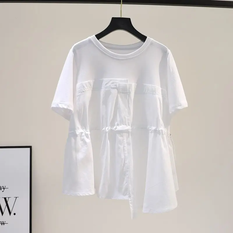 Summer Irregular Oversized Women's Clothing Short Sleeve Patchwork T-shirt Loose Slimming Drawstring Waistband Shirt for Women