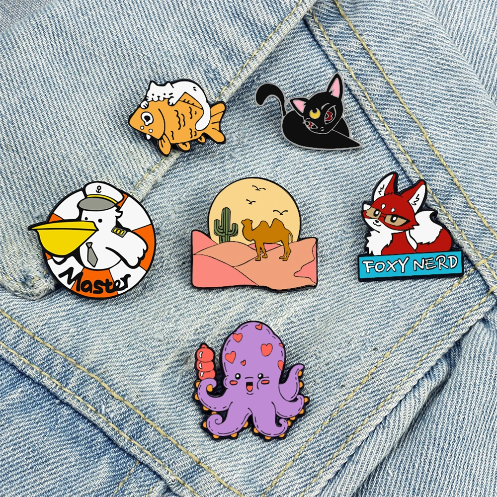 Cartoon Cute Animals Lapel Pins Octopus Fox Anime Cat Desert Camel Brooches for Kids Friends Custom Backpack Badge Jewelry Gifts