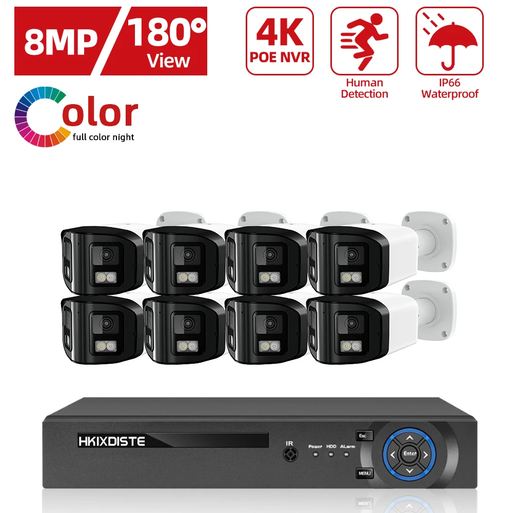 

4K Dual Lens POE Security Camera System 8CH POE NVR Kit 8MP 180° Panoramic View CCTV Video Surveillance System Kit 4CH XMEYE