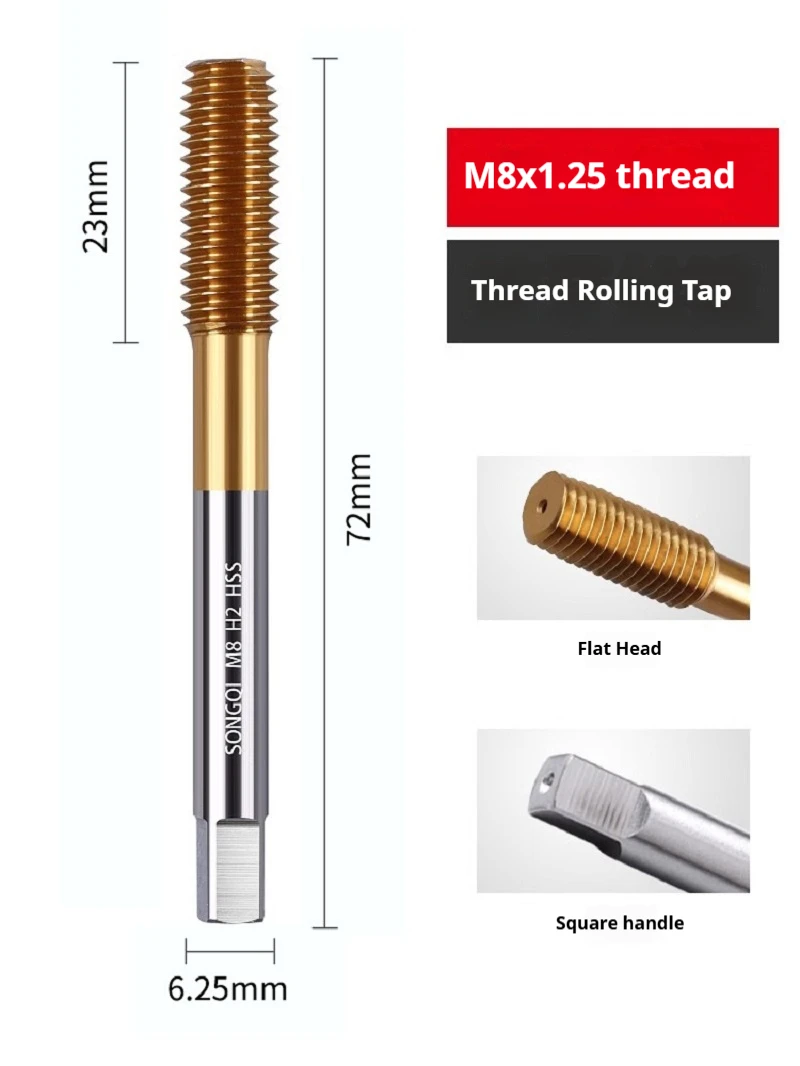 1Pcs M8 Roll Form Tap Ti-coated HSS Right Hand Tap Drill Hand Tools Screw Thread