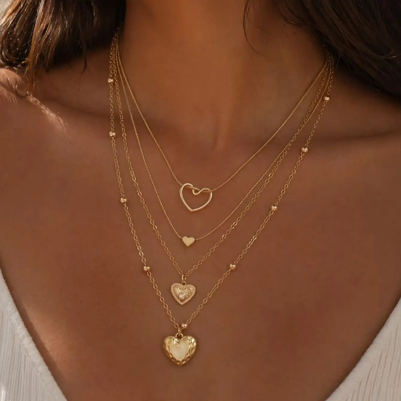Gold‑Tone 4‑Tier Layered Heart Necklace Shell Inlaid Rhinestone Pendant Beaded Chain Adjustable Women Stacking Neck Jewelry