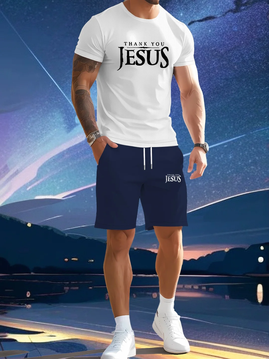 

2-piece men's summer clothing set, men's short sleeved round neck T-shirt and pocket elastic waist shorts set