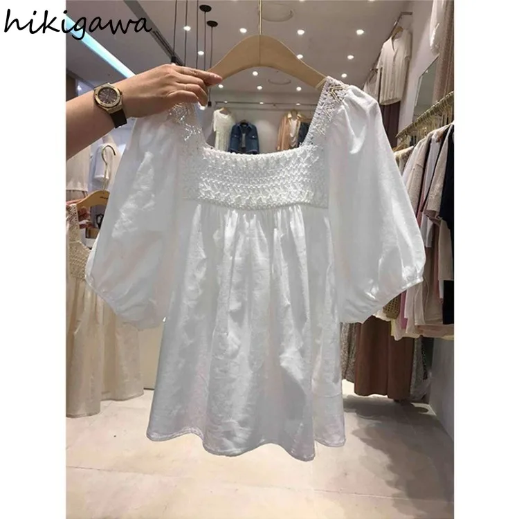 Cotton Summer Blouse for Women Square Collar Short Sleeve Loose Shirts 2024 Blusas Mujer De Moda Korean Vintage Blouses Tops