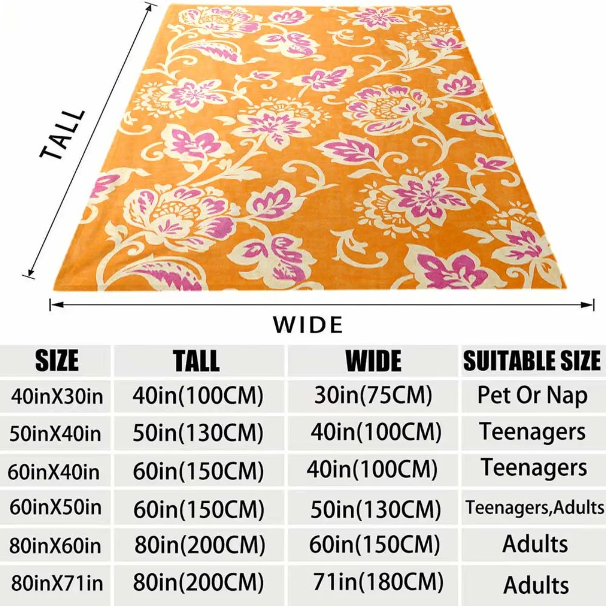 2026 Latest Flannel Blanket Contemporary Orange Floral Print Flannel Blanket Soft Pink Purple Flowers on Vibrant Orange, Durable