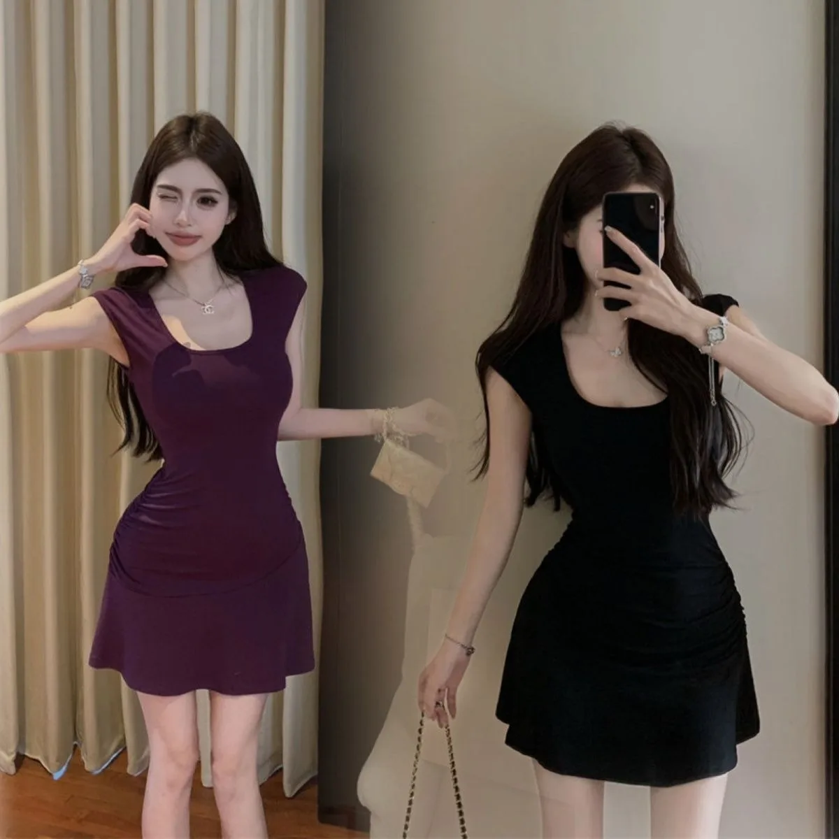 Französisches Dopamin-Minikleid mit U-Ausschnitt, figurbetont, Sommer, schmale Passform, süßer, sexy Stil, geschnittene Taille, vielseitiges, tailliertes Kleid