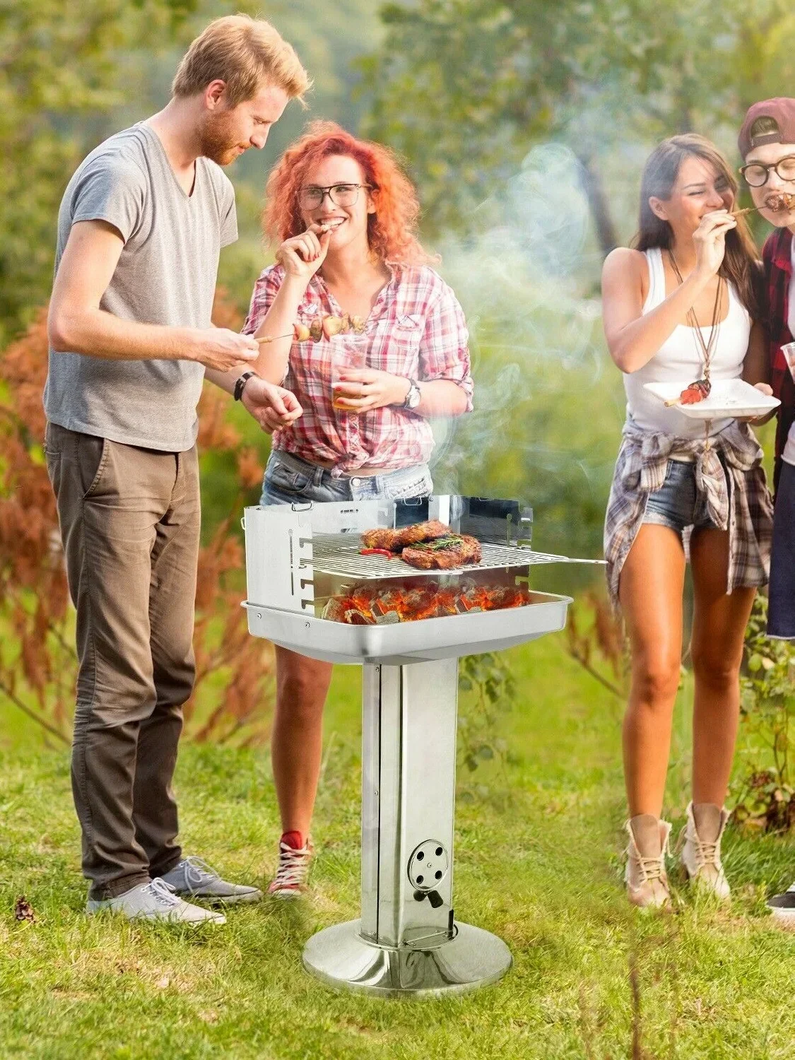 Gril à charbon de bois en acier inoxydable, gril à colonne, barbecue pour le camping, la plage, le jardin, la fête, avec grille de gril réglable en hauteur à 5 voies