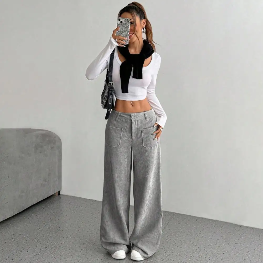 Pantalon Long élégant pour femmes, taille basse, jambes larges, avec bouton zippé, poches volantes, couleur unie, côtelé, pour les loisirs