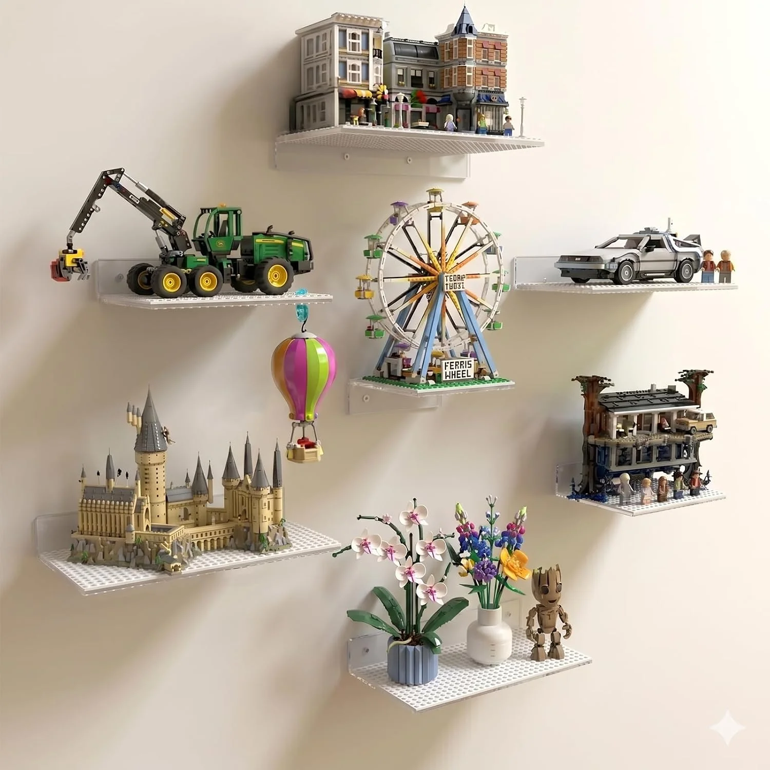 6-Pack Acrylic Floating Shelves for Wall Compatible with Lego Building Bricks, 5x5inch Dual‑Sided 16x16 Studs for Toy Brick