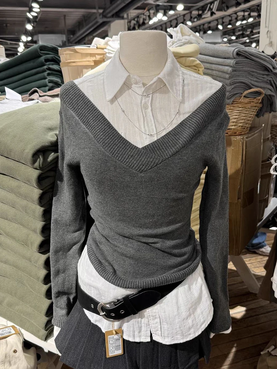 Cinza duplo decote em v camisola de malha primavera algodão fino manga longa malhas topos feminino vintage sólido all-match jumpers 2026 novo