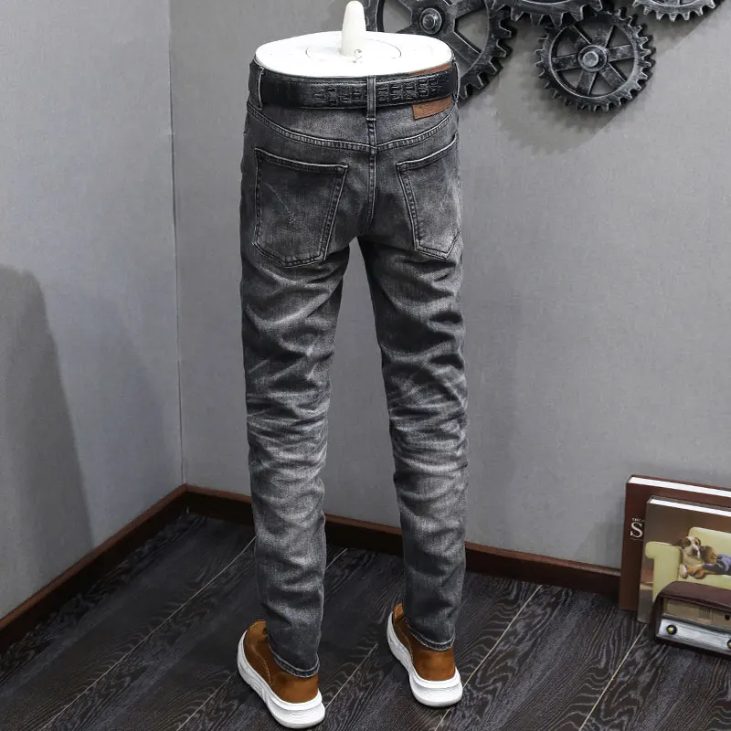 Fashion Designer Men Jeans Black Gray High Quality Retro Trousers Stretch Slim Fit Ripped Jeans Men Vintage Denim Pants Hombre