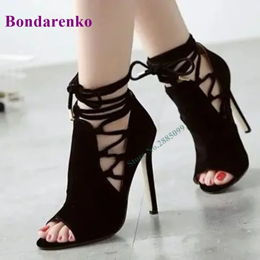 

Stylish Hollow Lace Up Ankle Pumps Peep Toe Thin High Heel Soild Suede Sexy Pumps Spring Summer Female Party Dress Pumps Shoe