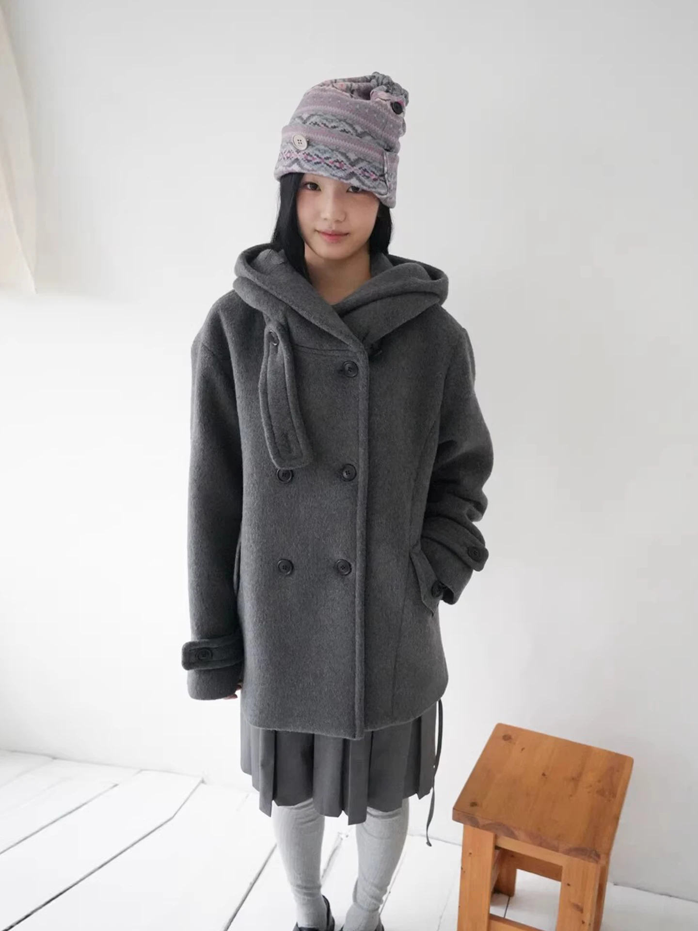Women's Hooded Woolen Coat Pure Color Double-Breasted Winter Jaet Korean Sle Loose Fit Long Sve Mid-Length Coat
