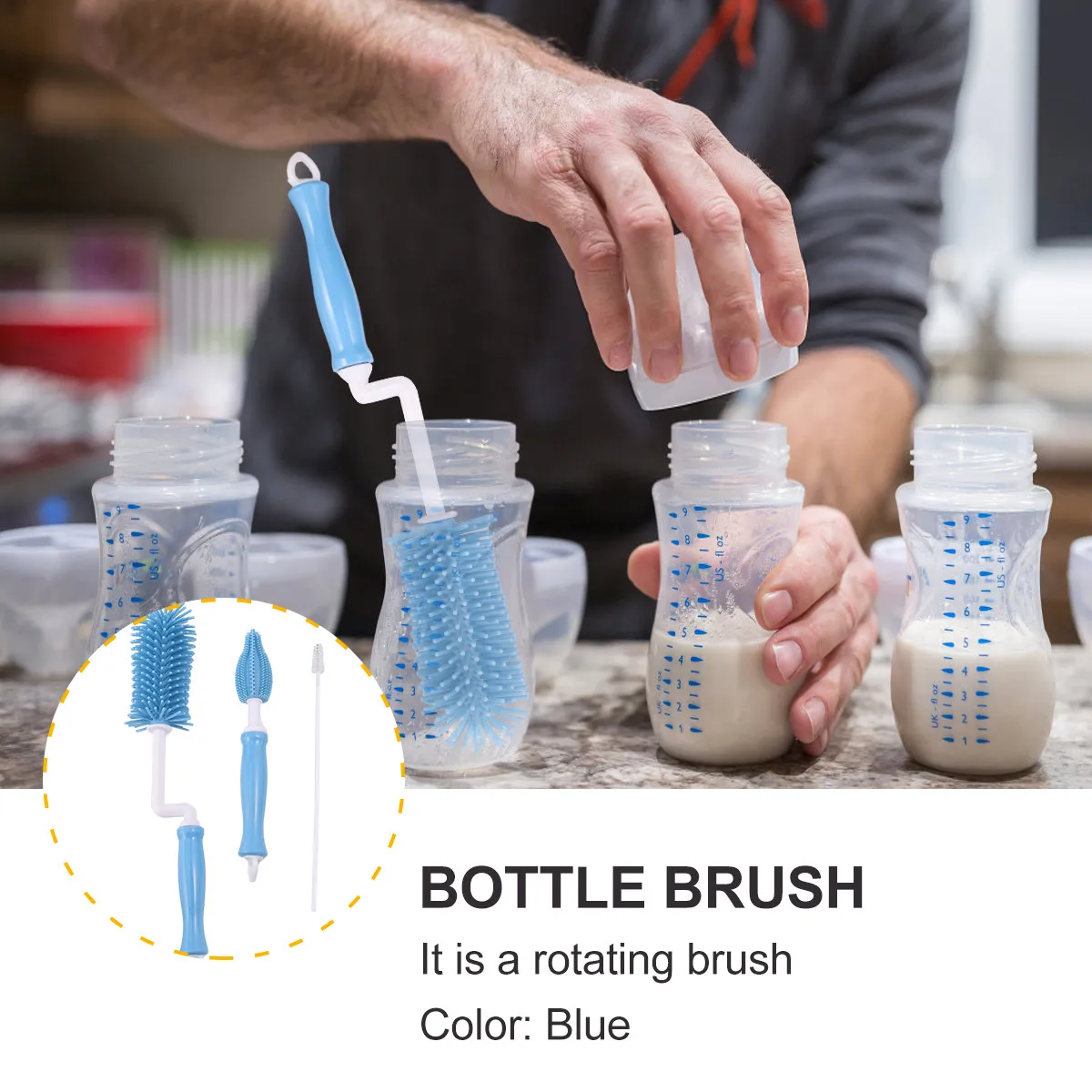 3Pcs Silicone Feeding Bottle Brush Set Baby Bottle Cleaner Pacifier Brush Soft Flexible Long Handle Removes Stains Odor