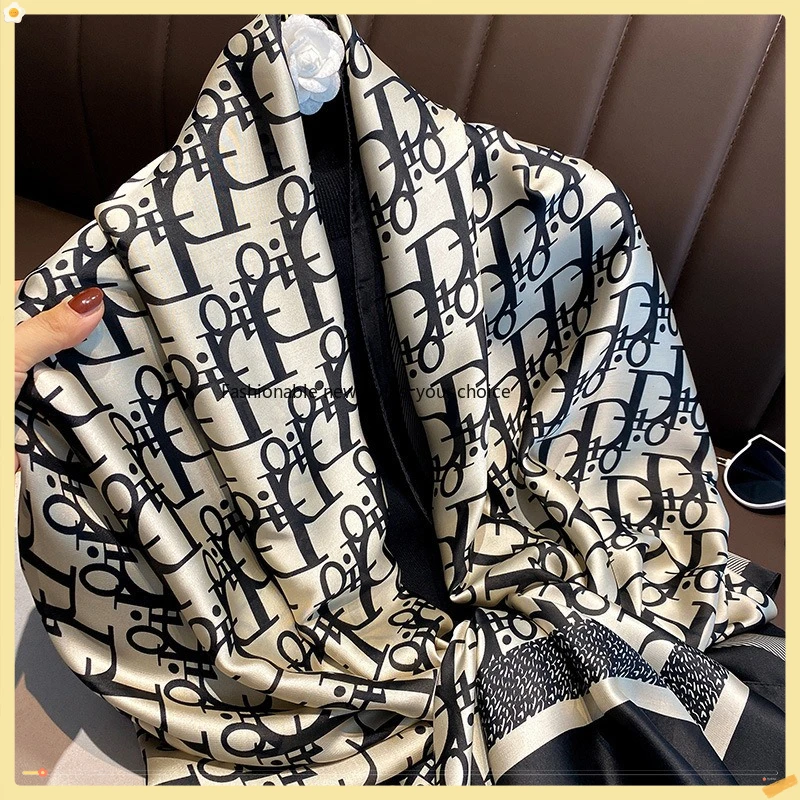 

Весенний новый шарф из искусственного шелка, женский однотонный пляжный шарф с принтом, шаль с буквенным принтом, новая шелковая ковка