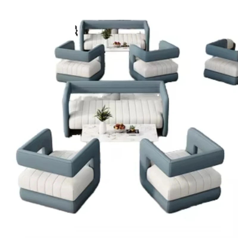 

Современный 2-местный диван для гостиничного лобби. Комфортная мебель для отдыха с тканевой обивкой, красивый комплект для квартиры или клуба.