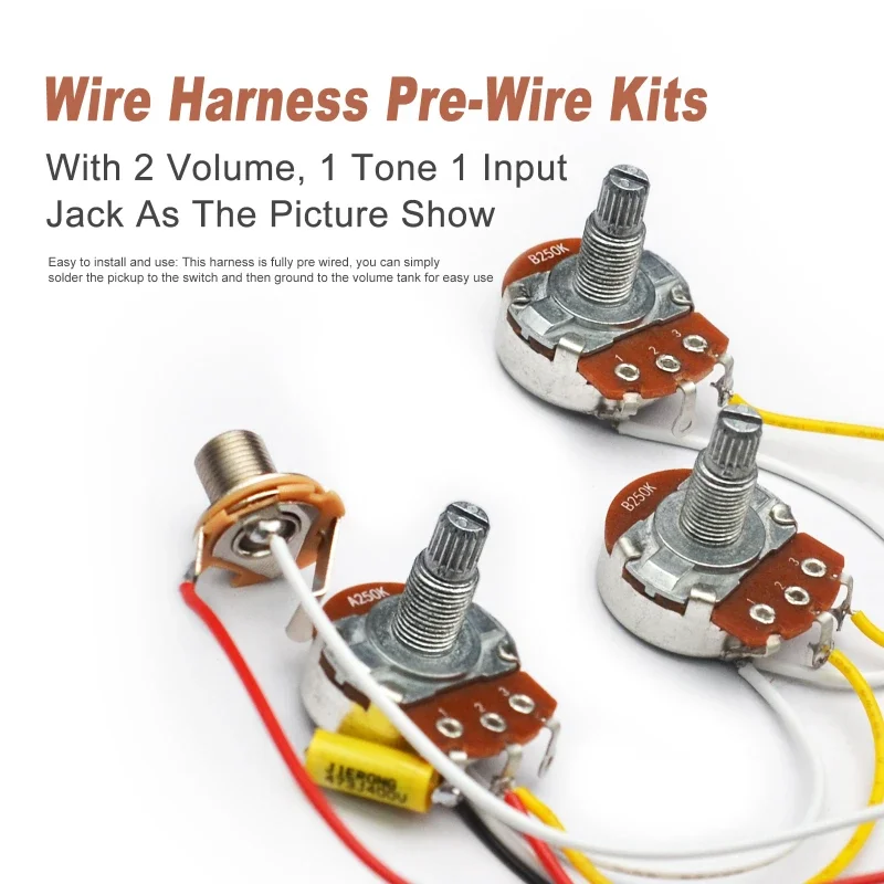

Guitar Wiring Harness Kit Pre-Wired with 2 Volume 1 Tone Pots, 6.35mm Input Jack - Metal Materials, Compact & Stable