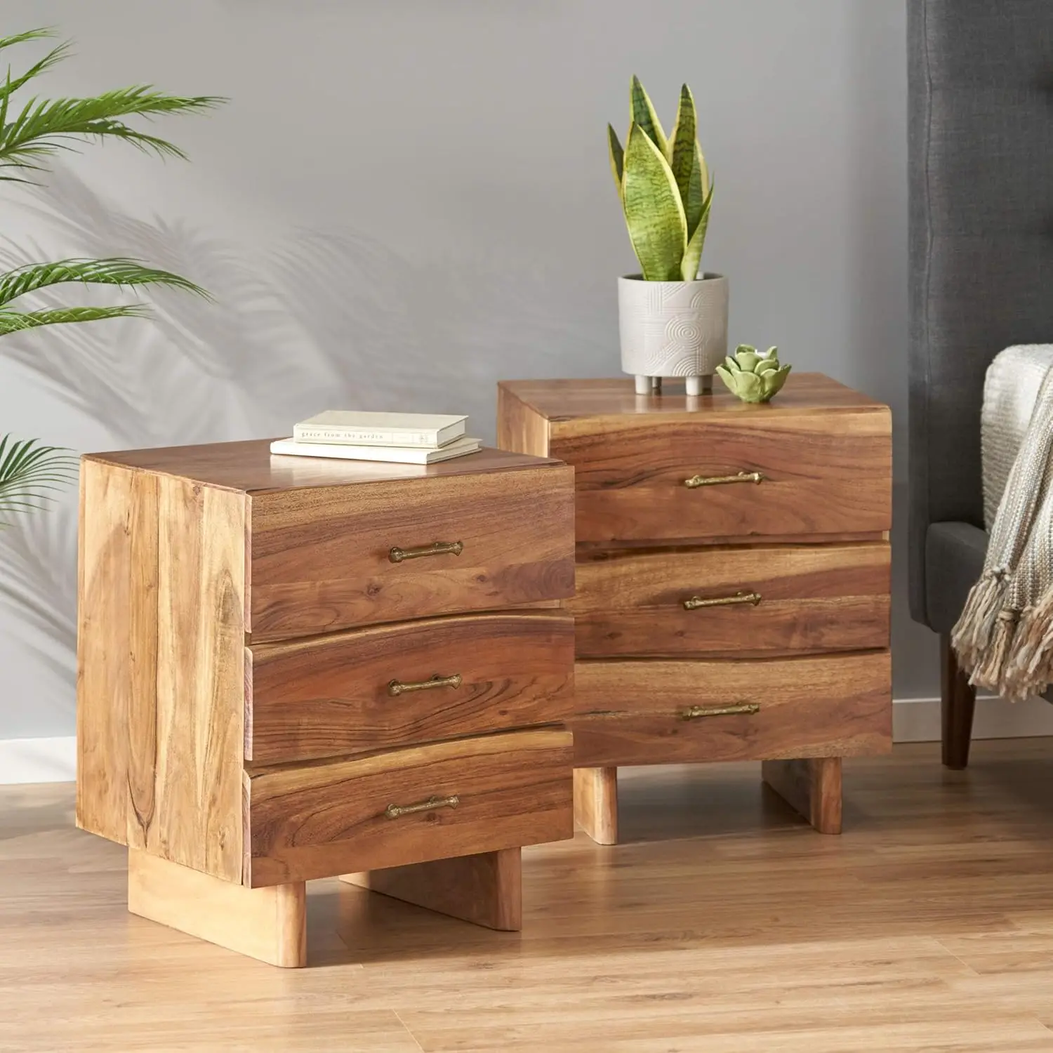 Knight Home Terrell Handcrafted Boho Acacia Wood 3 Drawer Nightstand (Set of 2), Dark Natural