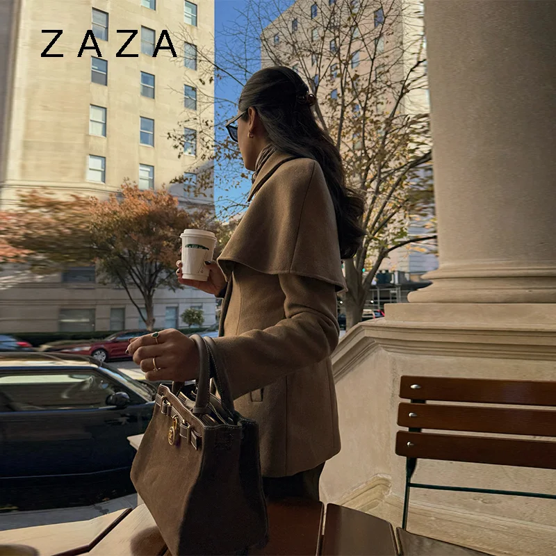 Zaza شيك شال سترة صوفية للنساء كم طويل واحدة الصدر التلبيب معطف الرأس 2025 جديد سيدة الخريف الشتاء أبلى