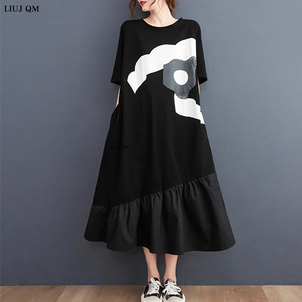 Vestido de manga corta de algodón negro para mujer, vestido largo holgado informal con estampado Vintage, ropa elegante de talla grande para verano, 2023