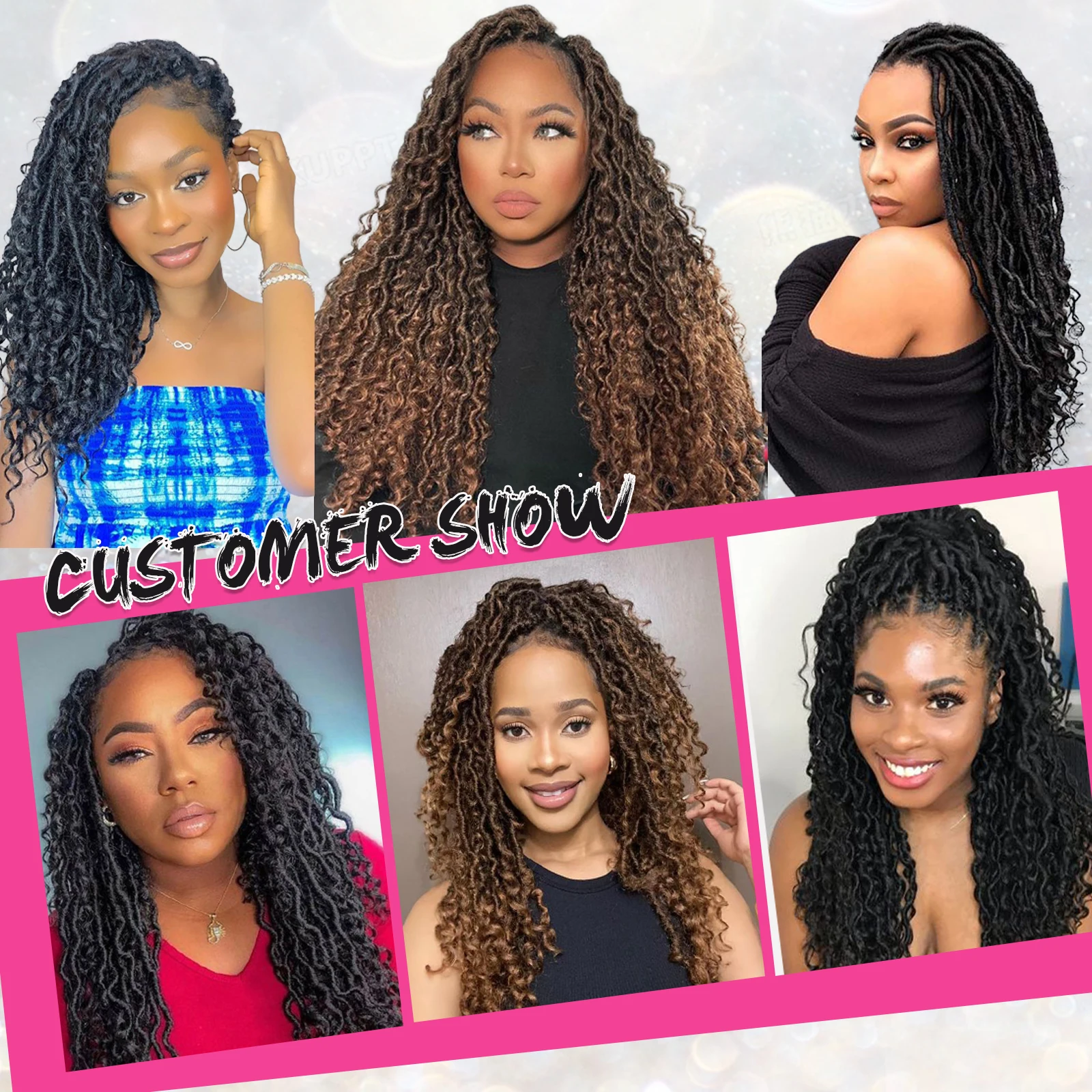 Deusa Faux Locs Crochet cabelo para mulheres, Preloopd Rio Locs com termina encaracolado, preto, Trança macia, Boho, 14 ", 18", 22"