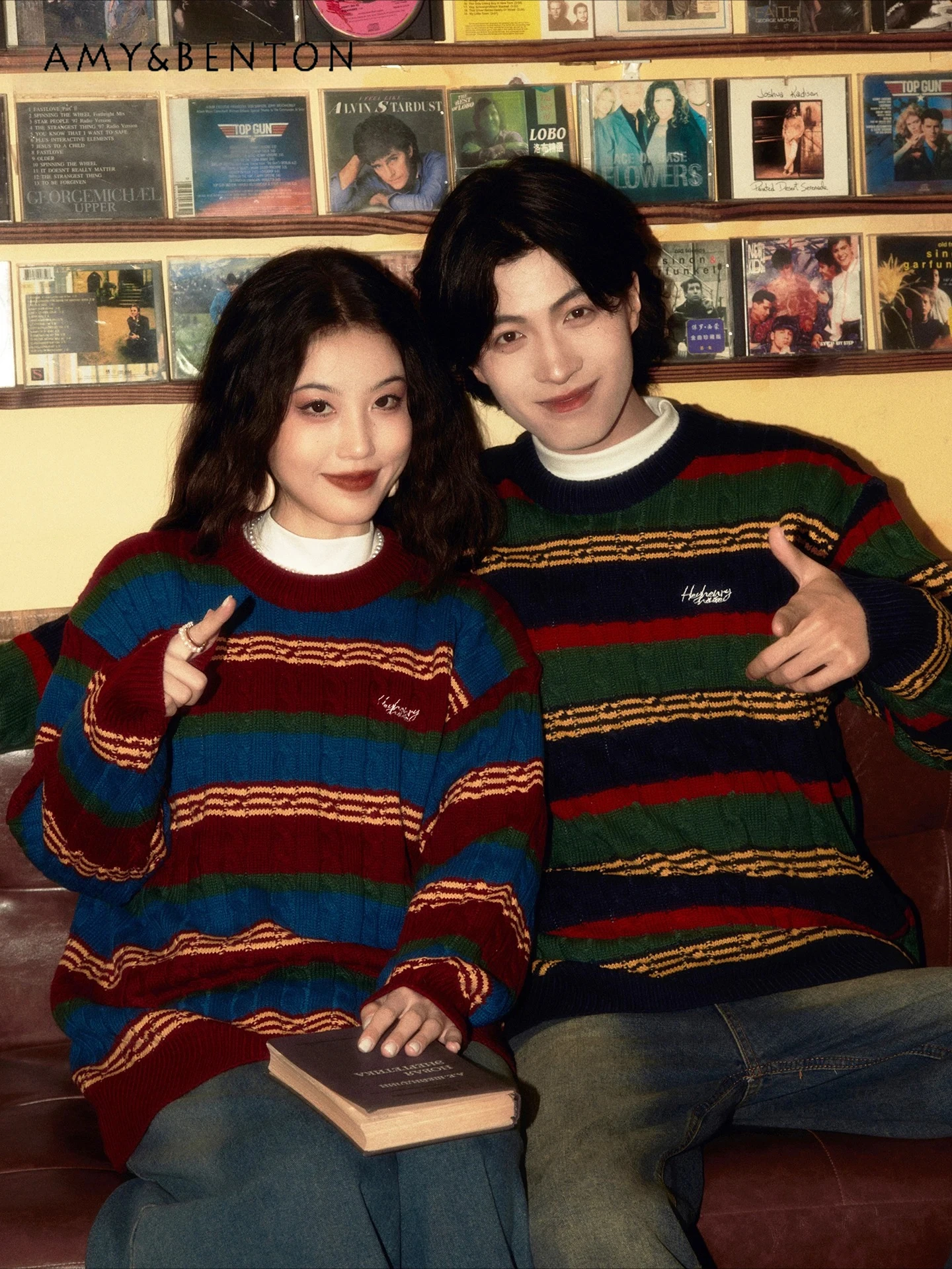 Otoño Invierno nuevo estilo Retro mujer rojo amarillo empalmado suéter de punto pareja traje suelto Casual verde negro suéter a rayas