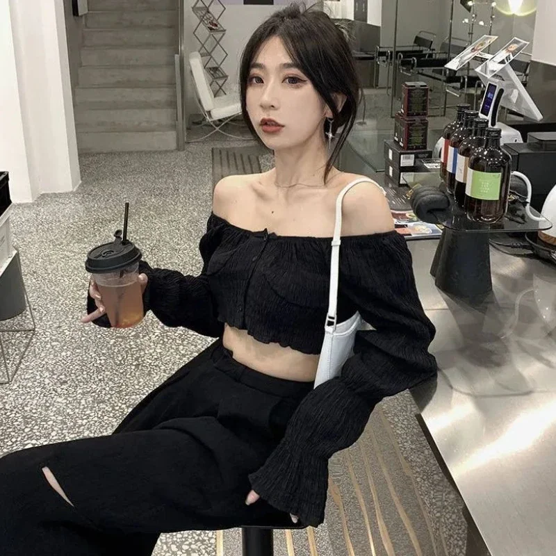 Zwarte Shirts Vrouwen Lange Mouw Crop Tops High Street Sexy Minimalistische Elegante Lente Y2k Kleding Slanke Ulzzang Esthetische Camisas