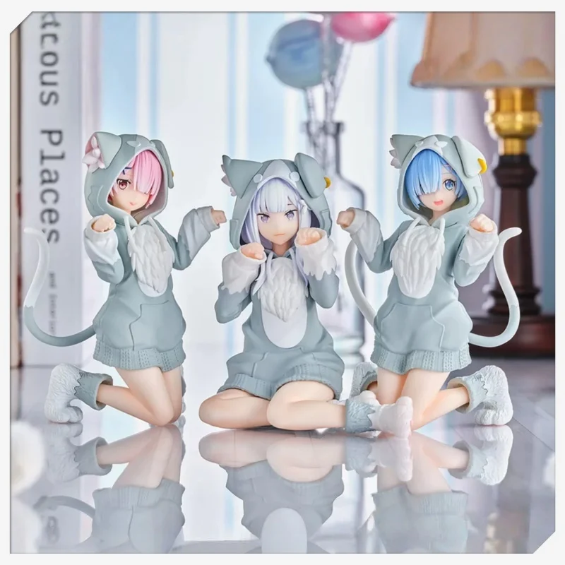 Genuine Sega Cup Noodle Press Figure Emilia Ram Rem & Puck Cat Style Anime Prize Cute Desktop Ornament Collectible Birthday Gift