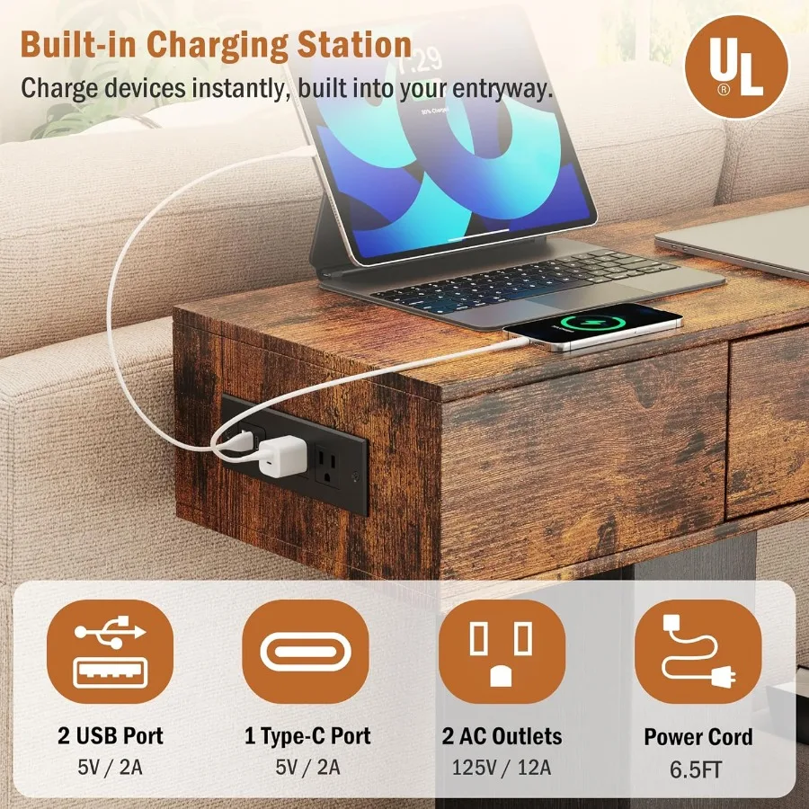 63 Long Console Table with LED Lights Charging Station2Tier Entryway Table with Drawers and Open Storage Shelf for Entry Way Fa