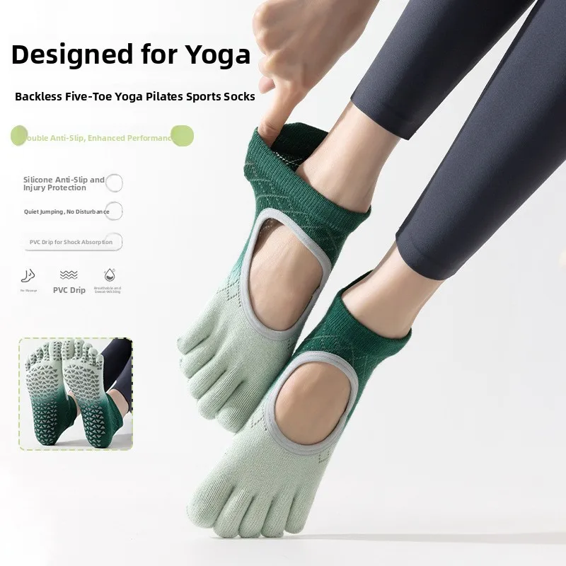 Anti-Slip Yoga Socks Five Finger Pilates Fitness Sports Short Socks Gradient Dyed Adhesive Back Split Toe Home Comfort Stockings