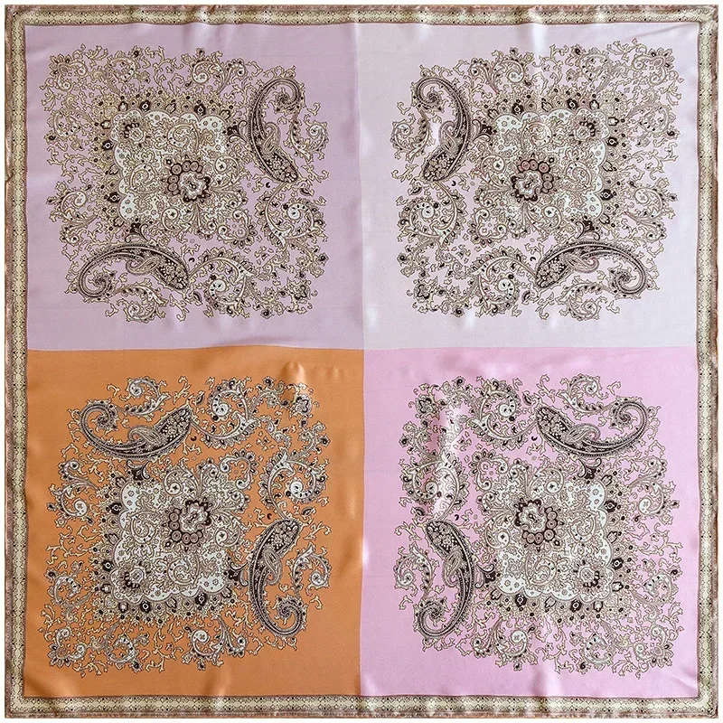 High-end Elegant Women Exquisite Cashew Flower Printed Quality Plain Satin Silk Hand-rolled Edge Large Square Scarf Shawl