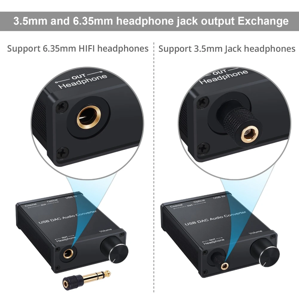 Adaptor konverter Audio DAC USB, dengan penguat Headphone USB ke koaksial S/PDIF Digital ke Analog 6.35mm kartu suara Audio